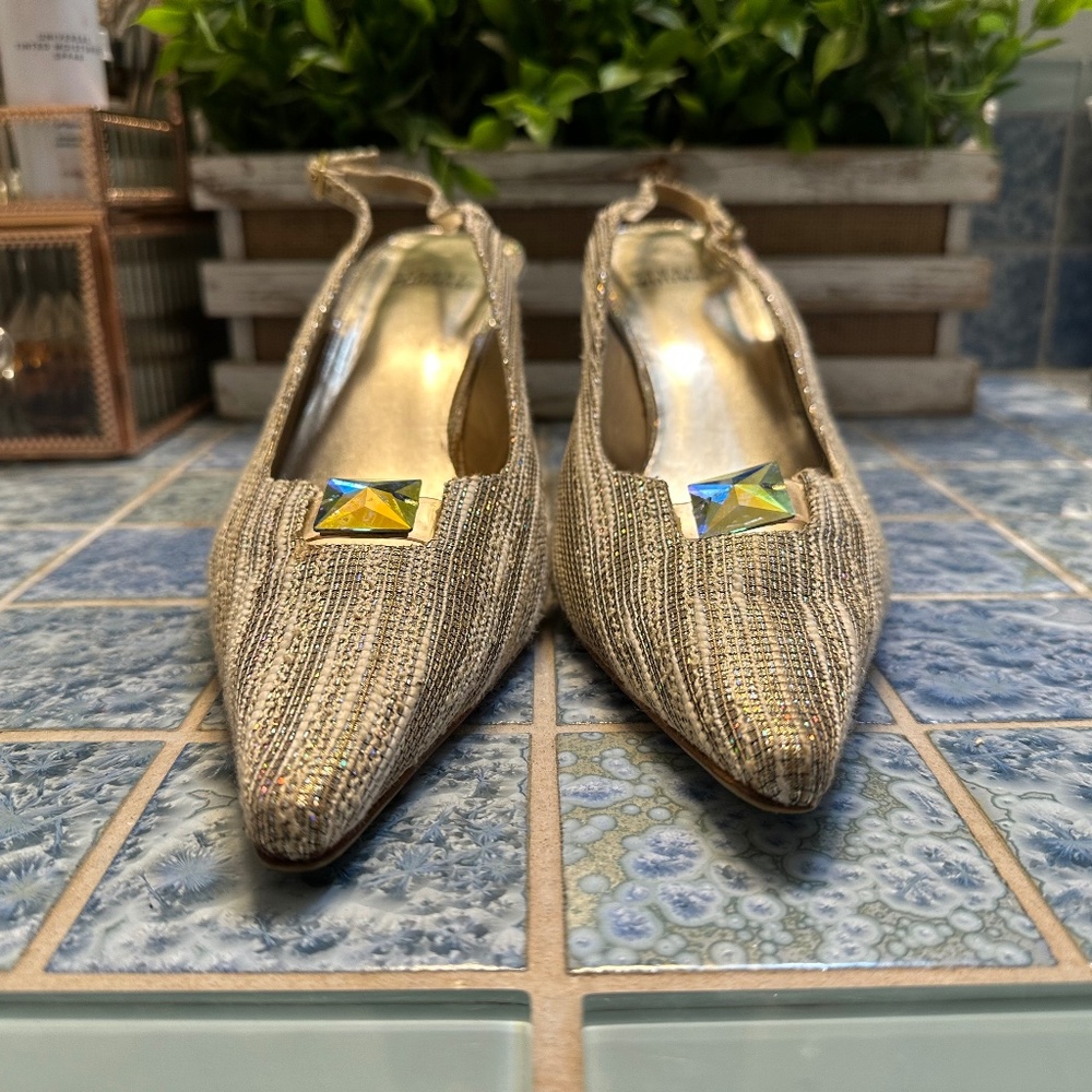 Stuart Weitzman Crystal Embellished Slingback Heels Gold Tweed Pointed Toe